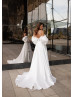 Beaded Ivory Lace Satin Wedding Dress With Detachable Puff Sleeves